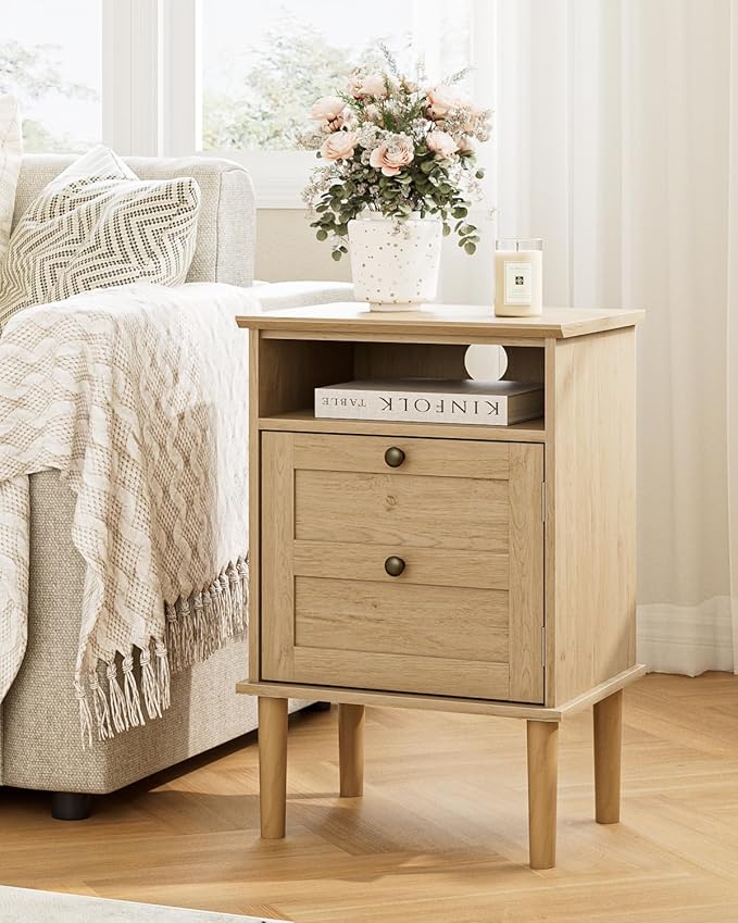 Nightstand, Boho Night Stand with 1 Drawer, Modern Side Accent Table with Open Shelf, Wooden Top Bedside End Table for Bedroom, Living Room, Natural