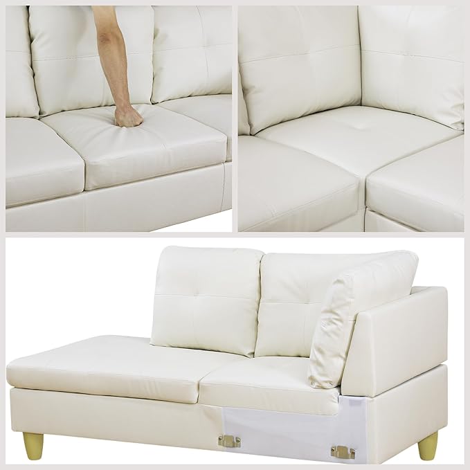 L Shaped Couch Sectional Couches with Chaise, 3 Pieces Modular Convertible Sofa for Living Room Furniture Sets and Small Apartment Faux Leather, White