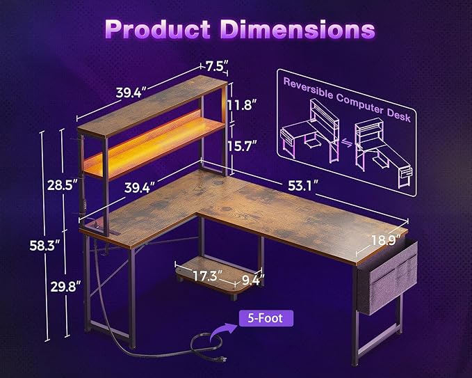 ODK 53 Inch L Shaped Desk with LED Lighting, Reversible Gaming Desk with Power Outlets, Cornor Computer Table with Storage Shelves & Bag & Iron Hook, Home Office Table for Writing, Study, Vintage