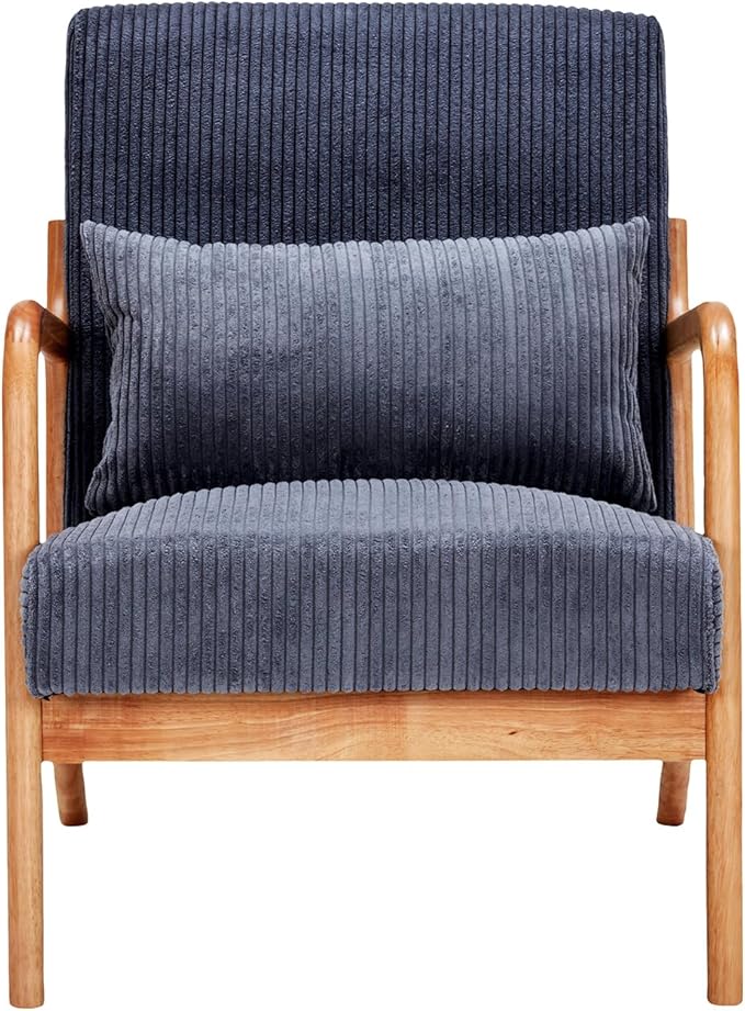 Ball & Cast Living Room Chair with Pillow,Mid-Century Modern Armchair w/Solid Wood Frame & Extra-Thick Backrest,Upholstered Reading Accent Chair for Bedroom,Dark Grey