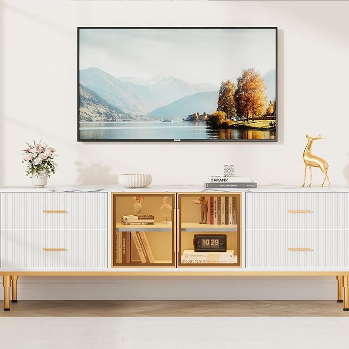 66" Fluted TV Stand with LED Light, Modern Entertainment Center for TVs Up to 75 Inch, Wood TV Media Console with Faux Marble Top, 4 Drawers, Glass Door for Living Room, White