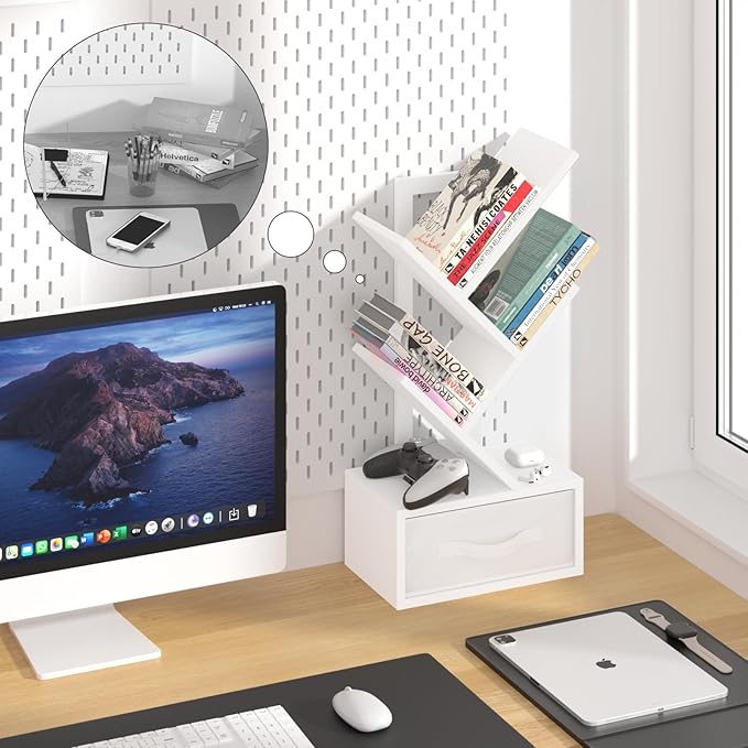 Small Bookshelf with Drawer,4 Tier Tree Book Shelf,Wood Desk Bookshelves,Modern Free Standing Desktop Display Shelves,White Floor Standing Organizer Bookcase for Living Room,Bedroom,Office