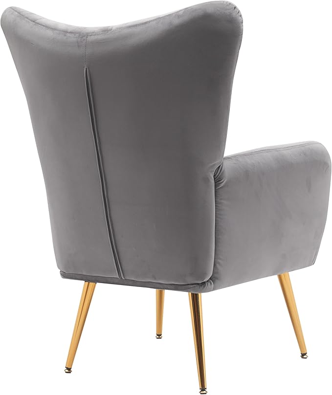 Container Furniture Direct Modern Chic Mid-Century Velvet Accent Armchair for Living Room, Bedroom, or Home Office, Button-Tufted Wingback Design with Gold Flared Legs, Grey
