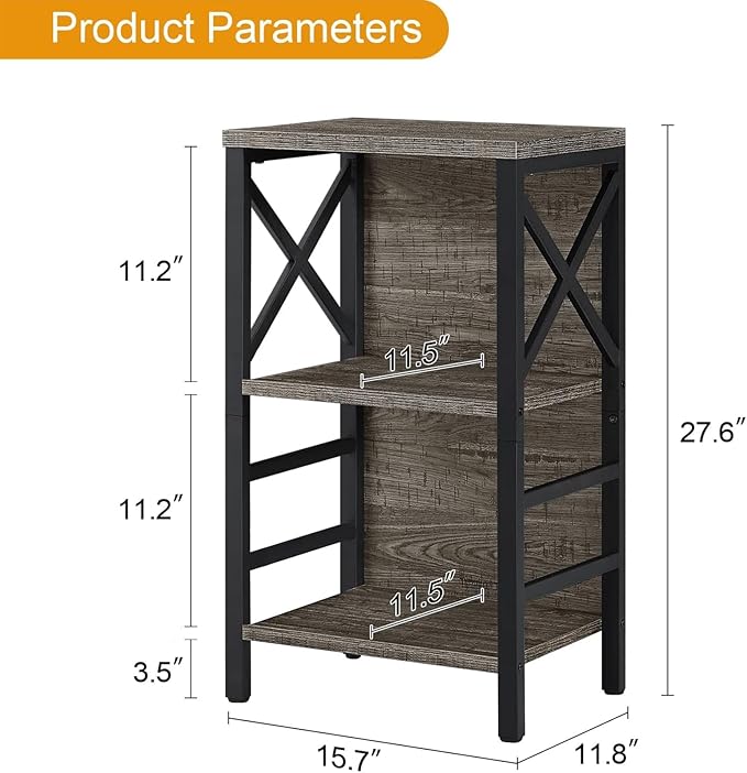 Small Bookcase,3 Tier Industrial Bookshelf with Metal Frame and Backboard,Low Grey Book Shelf,Book case for Small Spaces,Living Room,Bedroom and Home Office