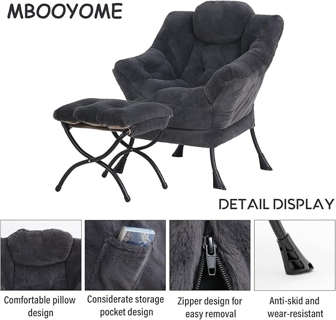 Lazy Chair with Folding Ottoman, Modern Accent Lounge Armchair with Armrests and a Side Pocket & Foldable Footstool, Leisure Reading Chair for Living Room, Bedroom, Dorm & Office, Plush Navy
