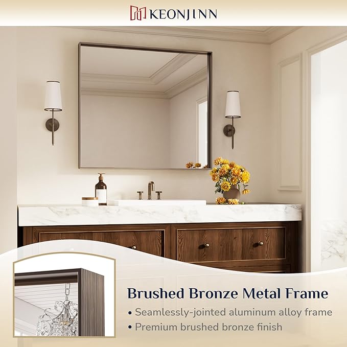 Keonjinn 42 x 36 Inch Brushed Bronze Bathroom Mirror, Rectangle Framed Vanity Mirror for Wall, Large, Modern Farmhouse, Square Corner Bronze Mirrors(Horizontal/Vertical)