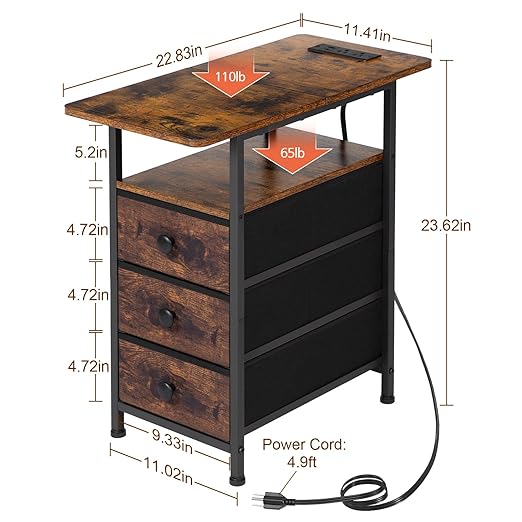 AMHANCIBLE End Tables Living Room with Charging Station, Narrow Side Table with USB Ports and Outlets, Slim Nightstand with 3 Fabric Drawers for Bedroom, Small Space, Rustic Brown, HETN013BR-1