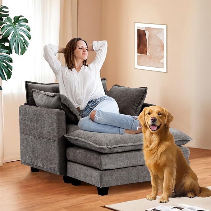 Furniliving Oversized Accent Chair with Ottoman, Luxury Chenille Single Sofa, Upholstered Deep Seat Chaise Lounge with Pillows for Living Room, Bedroom, Apartment, Grey
