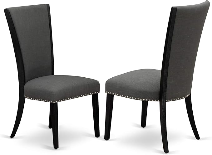 X07VE-B06-50 - 9-Pc Dining Room Table Set a Rectangular Dining Table and wooden Benches and 7 Dark Gotham Grey Linen Fabric Dining Chair, 39x120 Inch, Wire Brushed Black