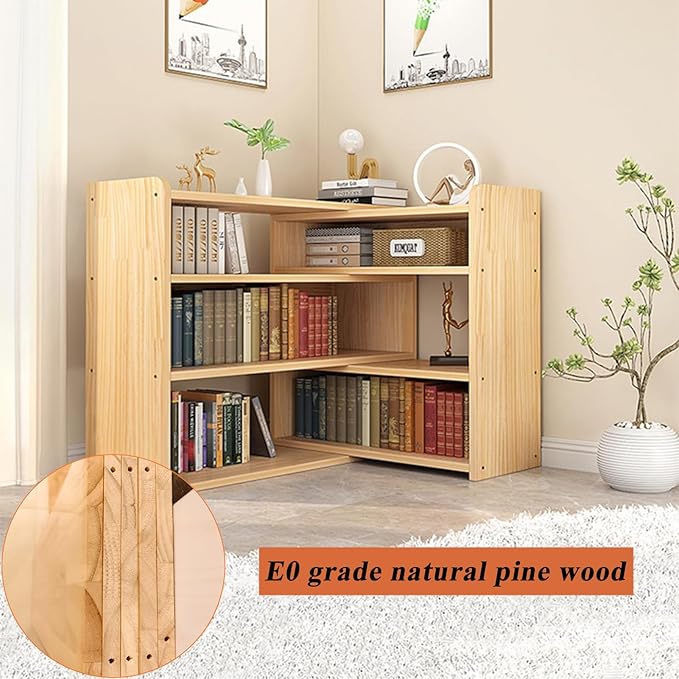 Wooden Extendable Bookcase,Open Low Bookshelf, 4-Shelf Storage Unit, Freestanding Bookcase for Small Spaces or Corners, Stylish Shelves for Living Room and Office (Wood Color, L)
