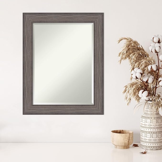 Amanti Art Grey Wall Mirror 29x23 Country Barnwood Rectangle Bathroom Mirror for Wall Decor Living Room, Medium Rustic Farmhouse Wood Frame, Hangs Horizonally and Vertically, Bathroom Decor, Beveled