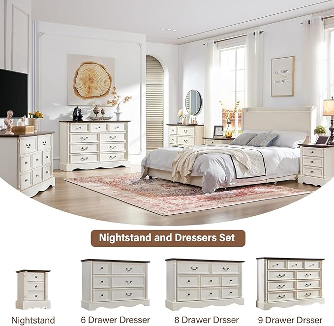 Nightstand with 3 Drawers, Rustic Night Stand 18' Wide Side Table with Storage, Mid-Century Modern Couch End Table with Vintage Handles, Small Dresser for Bedroom, Living Room, Antique White