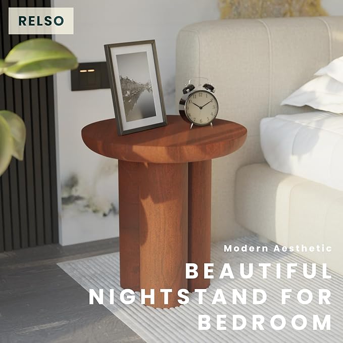 Relso Gaia Round End Table for Living Room and Farmhouse | Solid Mango Wood for Rustic Elegance | Ideal for Side Tables, Nightstands & More | Wood Side Table Round for Bedroom (Walnut)