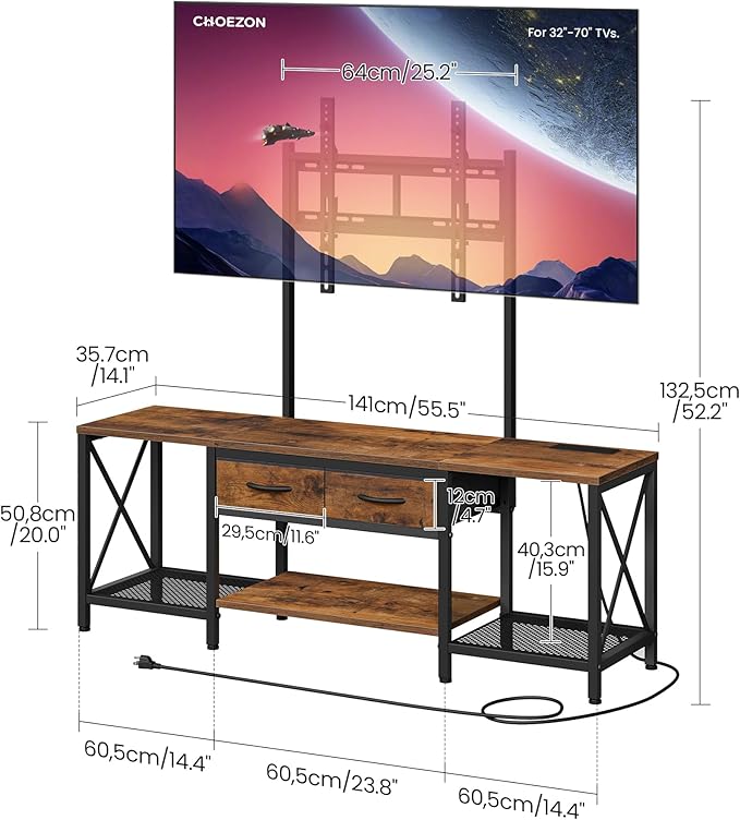 TV Stand with Mount, Power Outlet and LED Light, Entertainment Center, Adjustable TV Stand, for 32-70 inch TVs, 2-Tier Storage, for Living Room, Bedroom, Rustic Brown and Black TDS12UDBF