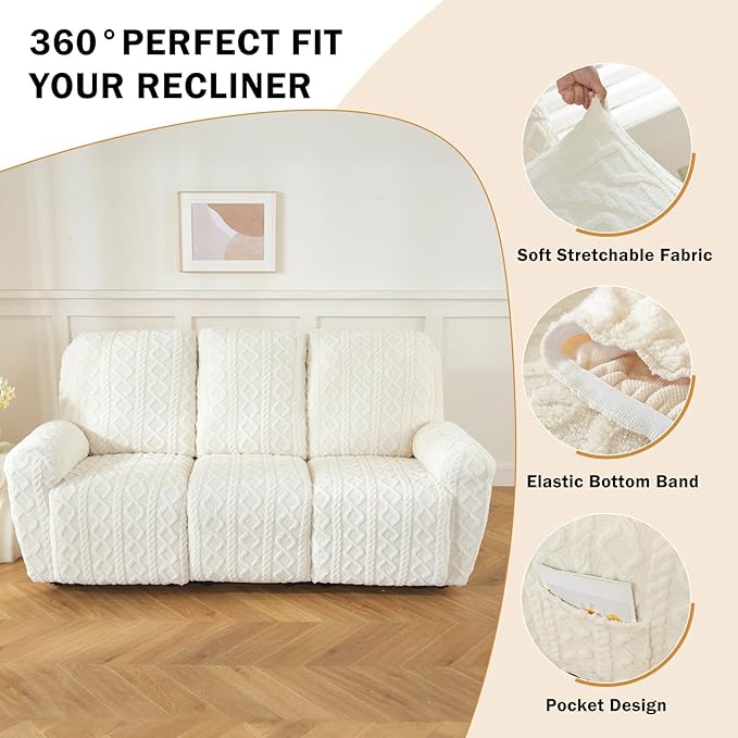 vctops 8 Pieces Geometric Jacquard Plush Recliner Sofa Covers Soft Fuzzy Fluffy 3 Seats Couch Cover Anti-Slip Sofa Slipcover Furniture Protector with Elastic Bottom for Kids Pet(Cream,3 Seat)