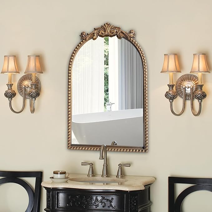 ironsmithn Gold Arched Mirror, 20"x32" Ornate Beaded Frame Mirror, Metal Decorative Accent Mirrors for Fireplace Bedroom Bathroom Living Room Entryway
