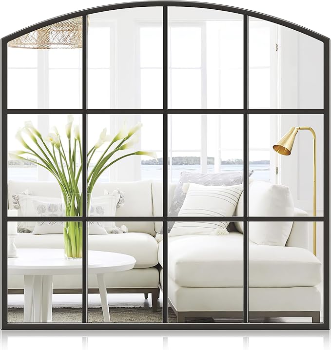 Window Pane Black Mirror, 36" x 36" Farmhouse Arched Wall Mirror, Large Arch Grid Mirror for Living Room Bedroom Farmhouse Fireplace Hallway Entryway