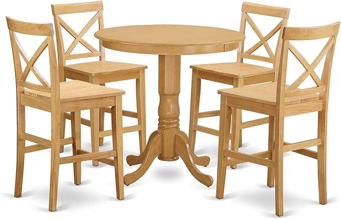 East West Furniture JAPB5-OAK-W 5 Piece Counter Height Dining Table Set Includes a Round Kitchen Table with Pedestal and 4 Dining Chairs, 36x36 Inch, Oak