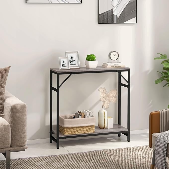 Narrow Console Table, 2 Tier Entryway Table, Thin Sofa Table, Industrial Couch Table with 2 Support Bar, Small Side Tables for Living Room, Bedroom, Hallway, Foyer, Grey