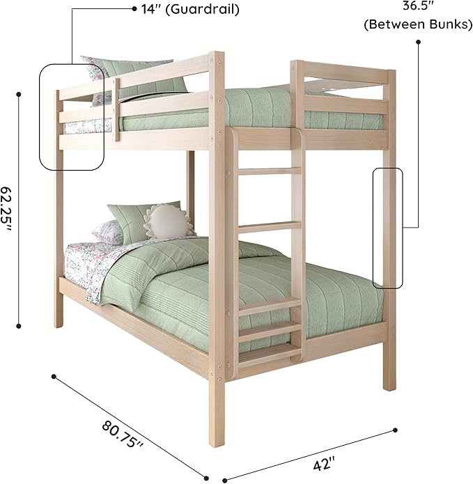 Grain & Grove Bear Twin Over Twin Bunk Bed, Sturdy Bunk Bed Frame for Kids, Plywood Bunk with Ladder, Guardrail, and Slats, No Box Spring Required, Oak Embossed Natural