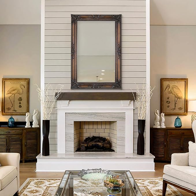 Antique Decorative Mirror, 37.4''x25.6''Vintage Mirror with Ornate Bronze Wood Frame, Decorative Wall Mirrors for Entryway, Living Room, Bathroom