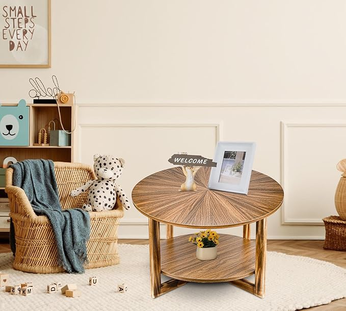 Coffee Tables for Living Room, Small Round Coffee Table with Storage, Mid Century Modern Solid Wood Coffee Table, Rustic Wooden Circle Center Table Living Room Furniture, Brown Tea Table
