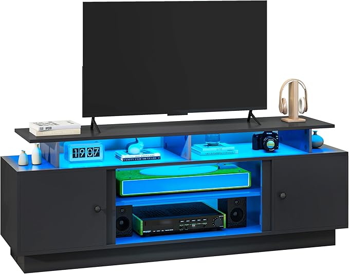 YITAHOME Modern TV Stand with LED Lights for up to 80 Inch TVs, Entertainment Center with Storage Cabinets & Movable Partition for Living Room (Black)