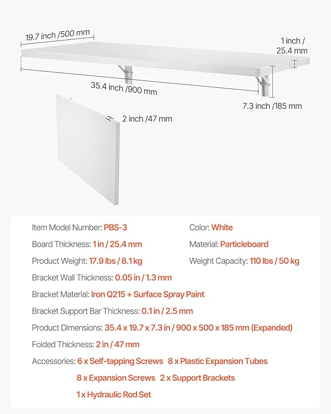 VEVOR Wall Mounted Folding Table, 35.4 x 19.7 inches Wall Mount Table, Floating Desk with Iron Bracket for Small Spaces, Home Office, Dining, Laundry Room, Kitchen, Bar, White
