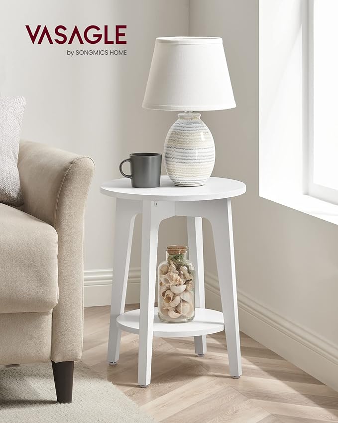 VASAGLE Side Table, Small Round End Table with Lower Shelf, Nightstand for Small Spaces, Living Room, Bedroom, White ULET283T14