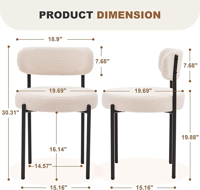 Dining Chairs Set of 4, White Boucle Dining Chair, Curved Backrest Upholstered Dining Room Chairs with Black Metal Legs, Mid Century Modern Dining Chairs for Kitchen, Living Room, White