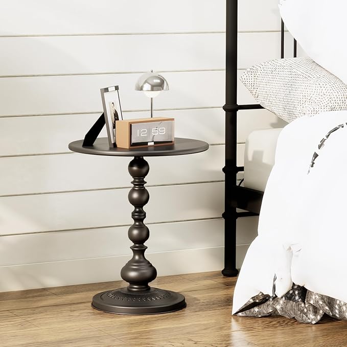 XIV Metal Small Round Side End Table, Vintage Matte Coffee Drink Cocktail Table, Accent Pedestal Table for Living Room Corners and Small Spaces, 21'' Height (Black)