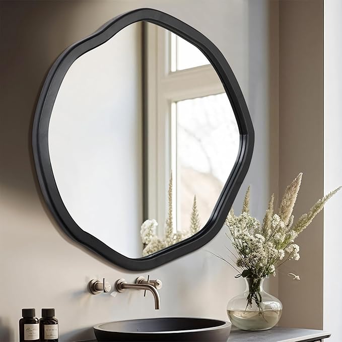 ULIKE Round Wood Mirror, 30 Inch Black Asymmetrical Circle Vanity Mirror with Wood Frame, Modern Decorative Wall Mount for Bathroom Bedroom Living Room Entryway