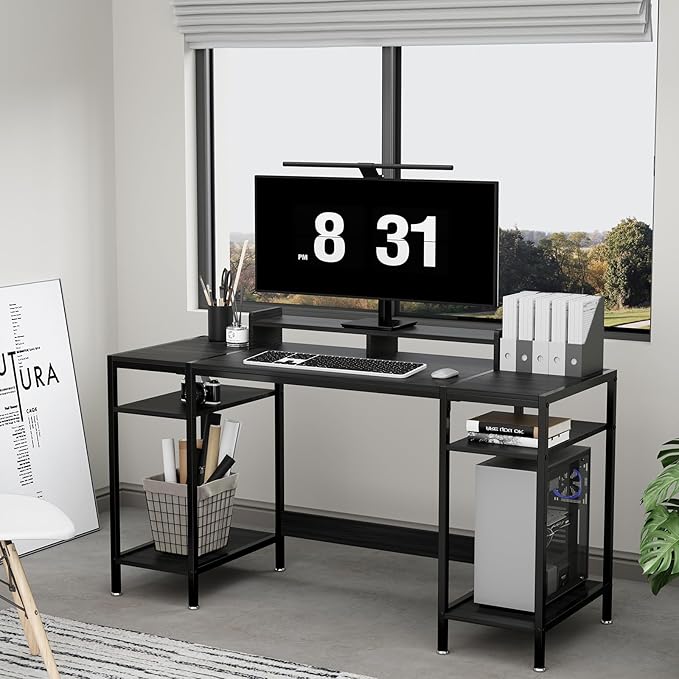 Computer Desk Gaming Desk with Monitor Stand, Home Office Desk Suitable for 2 Monitors, Writing Desk with Adjustable Storage Space,Sturdy and Durable Modern Small Desk (Black, 55 inchs)