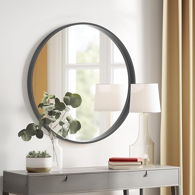 HOMECOOKIN Round Wood Mirror, 24" Round Bathroom Wall Mirror Circle Mirrors for Wall Decor, Vanity, Living Room, Bedroom, Entryway, Black