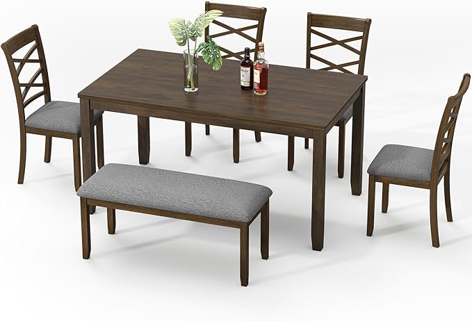 6-Piece Solid Wood Dining Table Set, Includes 1 Dining Table, 4 Upholstered Chairs and 1 Bench, Wooden Legs Dining Table Set for Dining Room, Kitchen, Restaurant, Walnut