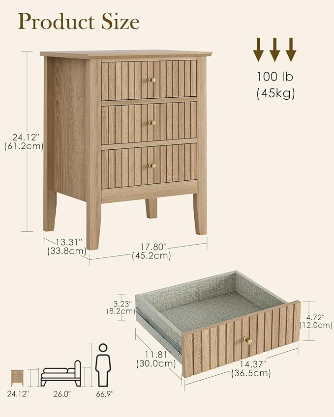 Fluted Nightstand, Farmhouse Night Stand with 3 Drawers, Mid Century Modern Side Accent Table,Bedside End Table for Bedroom, Living Room, Natural