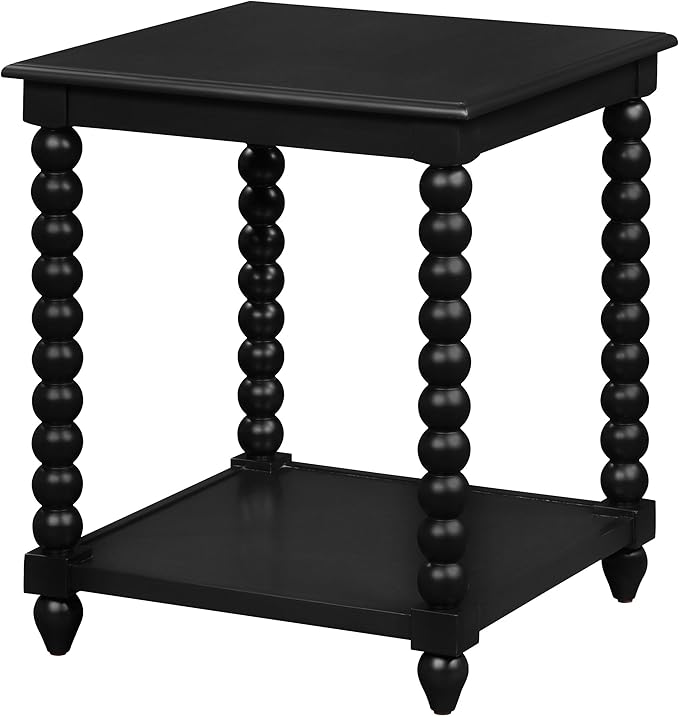 OSP Home Furnishings Elise Cottage Style Table with Spindle Legs, Open Storage Shelf, End Table, Black Finish