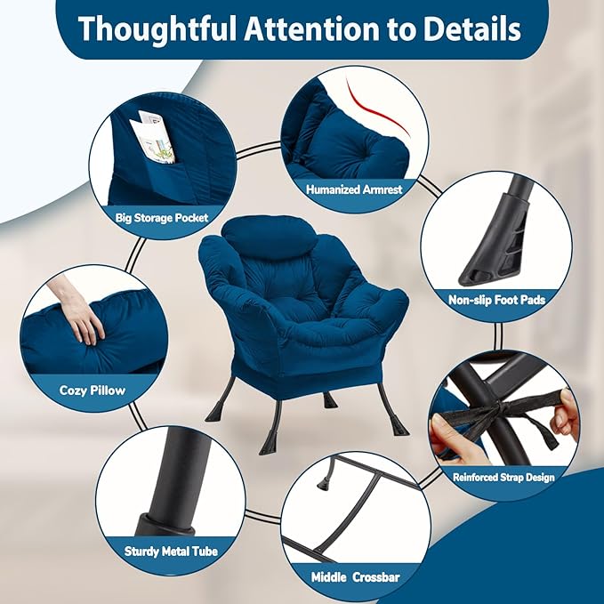 Lazy Chair Thick Padded, Comfy Velvet Accent Lounge Chair with Stable Frame, Leisure Sofa Armchair with Armrests and Side Pocket, Reading Chair for Bedroom, Living Room, Office, Blue