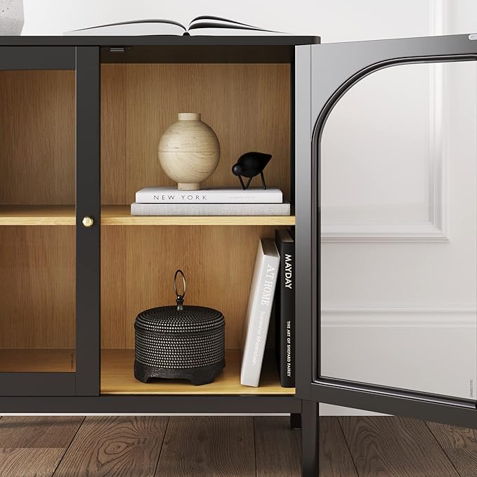 Nathan James Mason Storage Cabinet Accent Sideboard Buffet Credenza TV Stand with Glass Doors and Adjustable Shelf in Black Wood for Dining Room, Entryway and Living Room, Clear Glass/Black, Set of 2