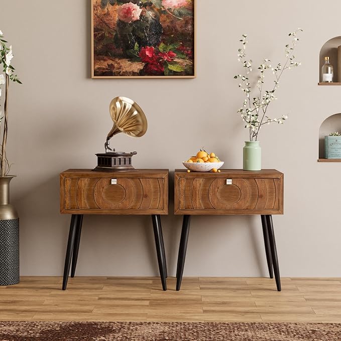 COSIEST End Tables Set of 2, Mid Century Modern Nightstands, Wood Bedside Tables, Accent End Tables with One Storage Drawer for Living Room, Bedroom (Brown, Circle Pattern)