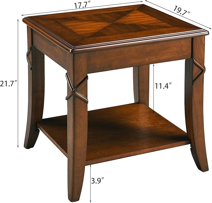 Solid Wood Side Table with Storage Shelf, Cherry Wood End Tables Living Room, Traditional Style End Table, Vintage Beside Table with Curved Legs for Apartment, Cherry Walnut Accent Table CJZ-DR200