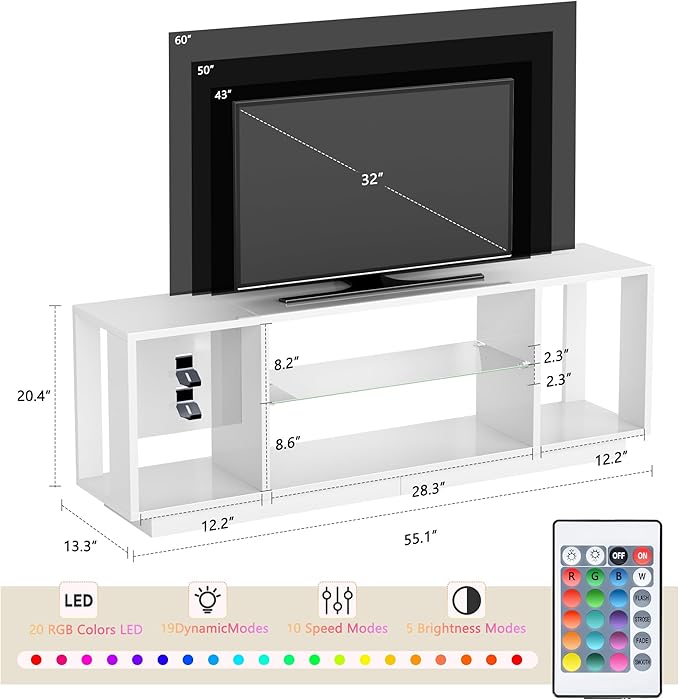 DlandHome LED TV Stand for TVs up to 60inch, Entertainment Center with Open Storage Shelves, TV Media Console Table for Bedroom, Living Room, White