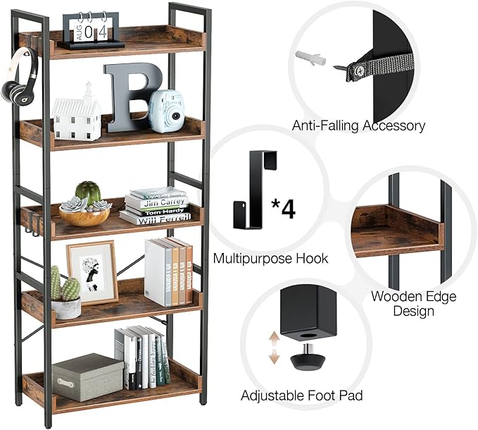 Rolanstar Bookshelf 5 Tier with 4 Hooks, Industrial Wood Bookcase, Vintage Storage Rack with Open Shelves, Rustic Standing Bookshelves Display Rack for Living Room, Bedroom, Rustic Brown