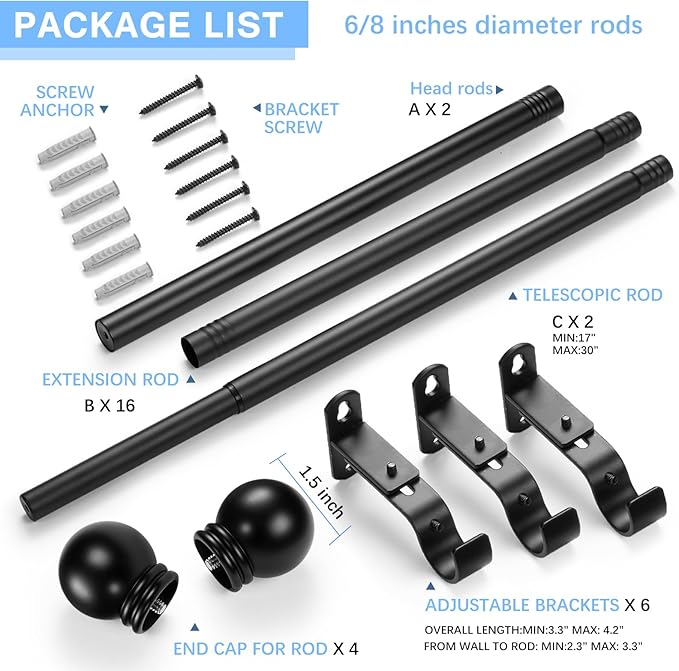 Curtain Rods for Windows 16 to 150 Inches, Curtain Rod Max Adjustable Length of 160 IN, 6/8" Diameter Drapery Rods Round Finials, Black, Pack of 2