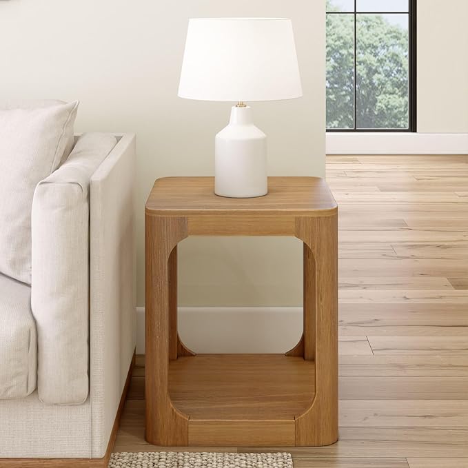 Plank+Beam Modern Rounded Square Side Table with Shelf, Solid Wood End Table for Living Room, 20in, Pecan