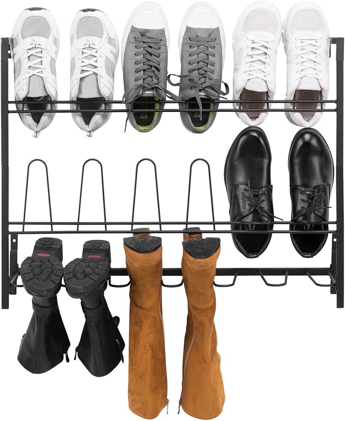 MyGift Premium Black Metal Hanging Wall Shoe Rack for Walk in Closet, Mudroom and Entryway, Wall Mounted Space Saving Boot and Shoe Rack Organizer, Holds 9 Pairs