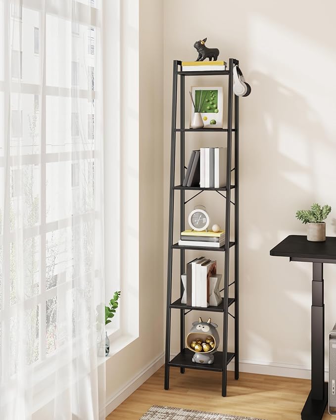 Ladder Shelf, Bookshelf Bookcase, Freestanding Corner Storage Shelve with 2 Hooks for Home Office, Living Room, Kitchen, Bedroom, Industrial, 6-Tier Black BC13304B