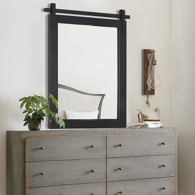 Black Farmhouse Mirror for Wall, 18x26INCH Wood Framed Square Bathroom Mirrors for Vanity, Barn Door Style Mirrors Wall Mounted Dresser Decor Mirror Living Room Bedroom Vertical