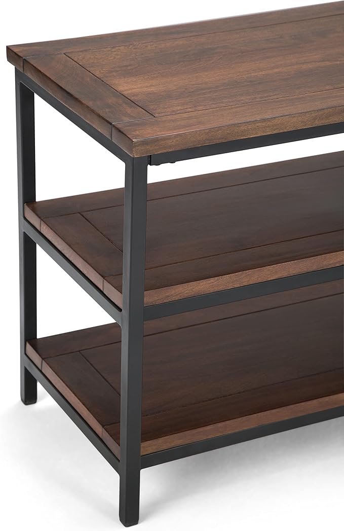 SIMPLIHOME Skyler SOLID MANGO WOOD 60 inch Wide Industrial TV Media Stand in Dark Cognac Brown For TVs up to 65 inches for the Living Room and Entertainment Center