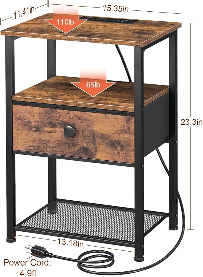 Night Stand Set 2, Nightstand with Charging Station, End Tables Living Room with Fabric Drawer for Small Spaces, Side Tables with Storage Shelf for Bedroom, Rustic Brown HETS010PBR